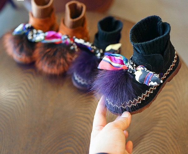 Μπογιές παιδικές μπότες για κορίτσια με χνούδι και έγχρωμη κορδέλα