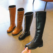 Детски ботуши за момичета с преден цип от еко кожа в черен и кафяв цвят