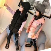 Παιδικό φθινόπωρο-χειμωνιάτικο μακρύ γιλέκο με κουκούλα για κορίτσια σε μαύρο και ροζ χρώμα