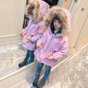 Детско зимно палто за момичетата с връзки и пухена качулка в два цвята 