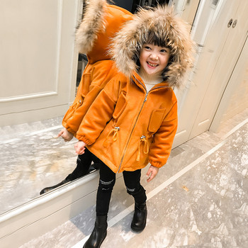 Детско зимно палто за момичетата с връзки и пухена качулка в два цвята 