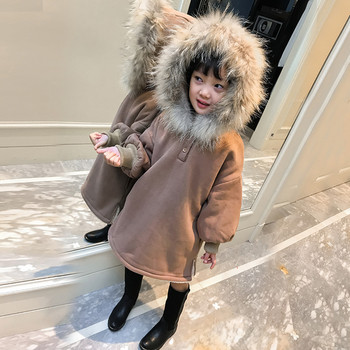 Παιδικό φούτερ φθινόπωρο-χειμώνα για κορίτσια με χνουδωτή κουκούλα, φαρδιά μοτίβο