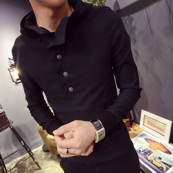 Νέο! Μοντέρνο μπλούζα άνδρας γεμισμένο με μαλακό βελούδινο κολάρο και κουμπιά σε μαύρο χρώμα