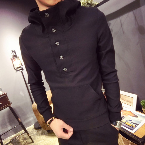 Нов! Модерен мъжки суичър,подплатен с мек плюш с висока яка и копчета в черен цвят