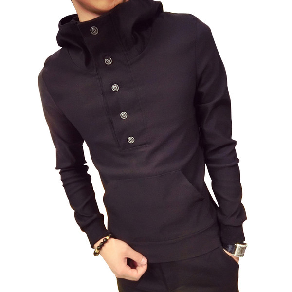 Нов! Модерен мъжки суичър,подплатен с мек плюш с висока яка и копчета в черен цвят