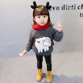 Плюшен пуловер за момичета в сив цвят с апликация