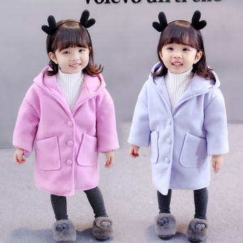 Спортно-елегантно детско палто за момичета с копчета, джобове и качулка