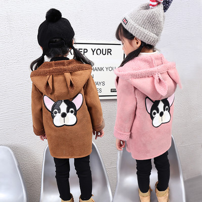 Детско палто с уши за момичета в розов и кафяв цвят