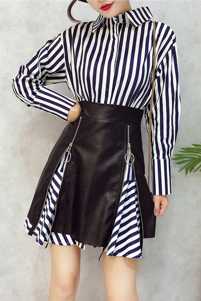 Κομψό φόρεμα από δύο κομμάτια κυρίες - φούστα από δέρμα + μακρύ πουκάμισο