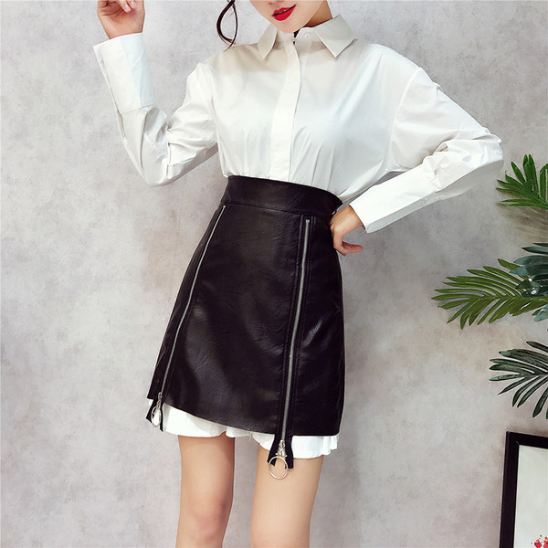 Κομψό φόρεμα από δύο κομμάτια κυρίες - φούστα από δέρμα + μακρύ πουκάμισο