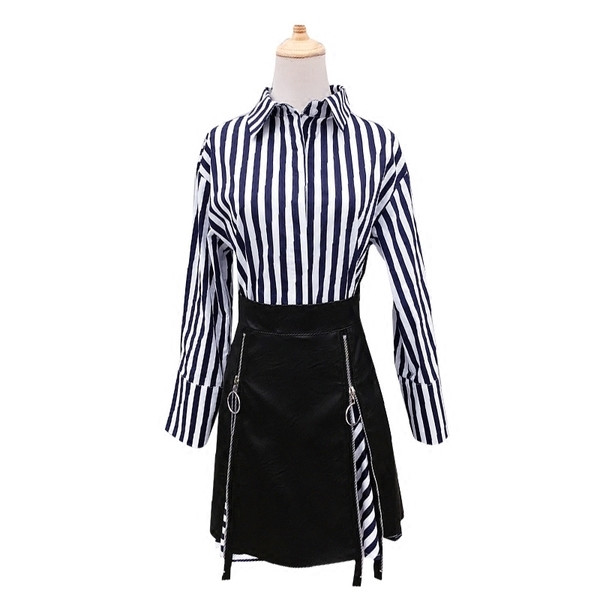 Κομψό φόρεμα από δύο κομμάτια κυρίες - φούστα από δέρμα + μακρύ πουκάμισο