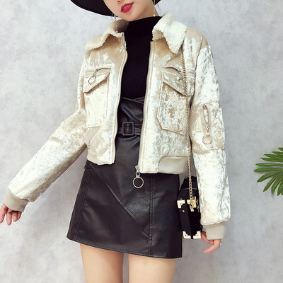 Стилно скъсено дамско яке с плюшена яка, в няколко цвята