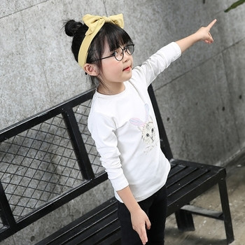 Ежедневна блузка с дълъг ръкав за момичета с апликация коте в бял и кафяв цвят