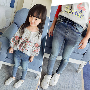 Модерни детски дънки за момичета с висока талия в светъл цвят