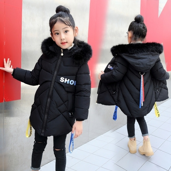 Дълго зимно яке за момичета с качулка и пух с цветни летни