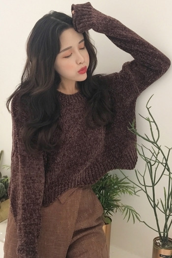 Скъсен плетен дамски пуловер с О-образна яка и в два цвята