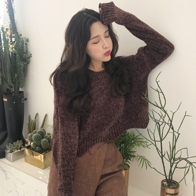 Скъсен плетен дамски пуловер с О-образна яка и в два цвята
