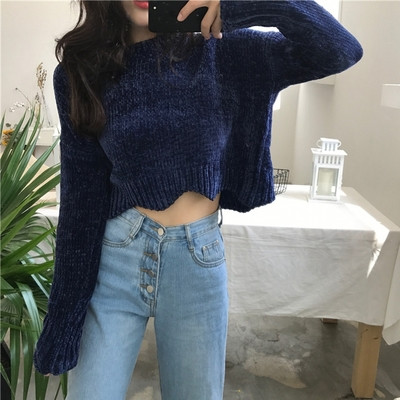 Скъсен плетен дамски пуловер с О-образна яка и в два цвята