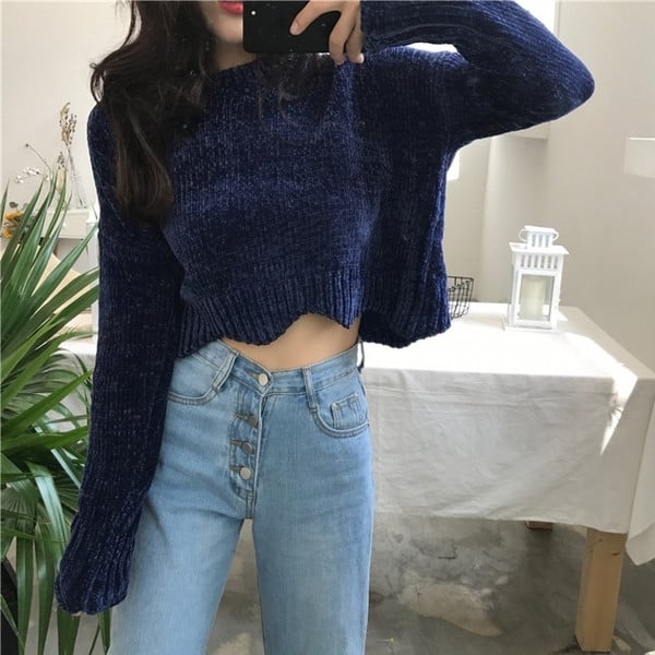 Скъсен плетен дамски пуловер с О-образна яка и в два цвята