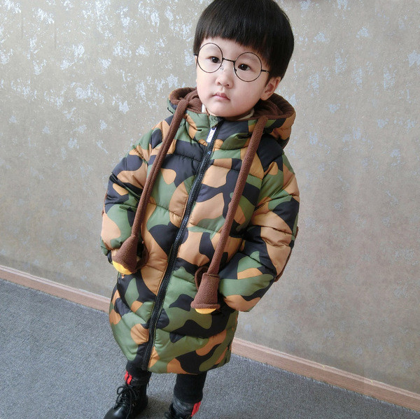 Дълго детско зимно камуфлажно яке с качулка с уши, слим модел 