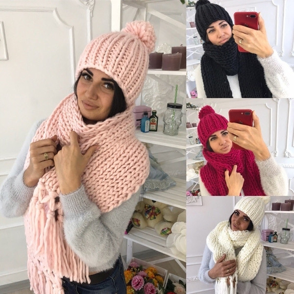 Ζεστό ζευγάρι κασκόλ χειμώνα + χειμωνιάτικο καπέλο - 4 χρώματα