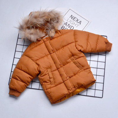 Спортно-елегантно детско мъжко яке в широк модел с копчета и качулка с обемен пух в два цвята