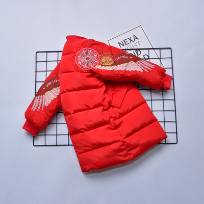 Μοντέρνο μακρύ χειμωνιάτικο σακάκι για αγόρια με κεντήματα στα μανίκια σε μαύρο και κόκκινο χρώμα