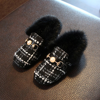 Детски ежедневни топли обувки с пух и перлички в черен и бял цвят