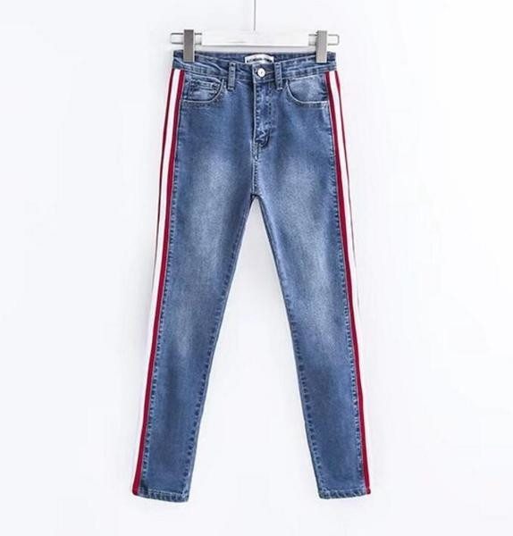 Актуални дамски ластични дънки с шарени кантове