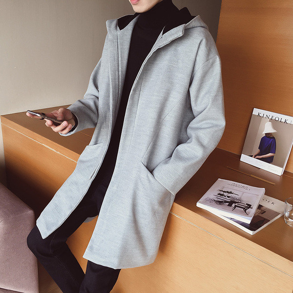 Мъжко ежедневно дълго зимно палто с качулка , сив и черен цвят