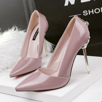 Стилни дамски обувки на висок ток заострени с интересен ток в четири цвята 