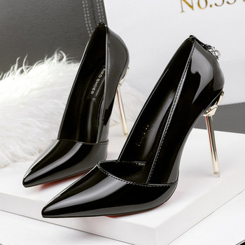 Стилни дамски обувки на висок ток заострени с интересен ток в четири цвята 