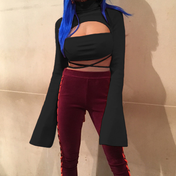 Κυρίες κοντή μπλούζα με γραβάτες, φαρδιά μανίκια και κολάρο