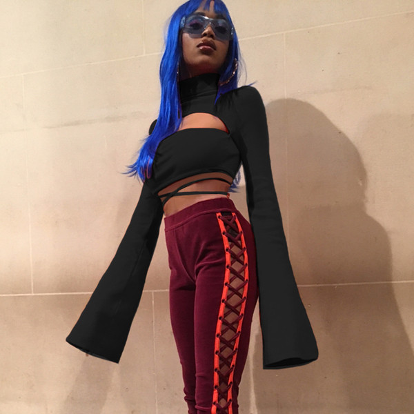 Κυρίες κοντή μπλούζα με γραβάτες, φαρδιά μανίκια και κολάρο