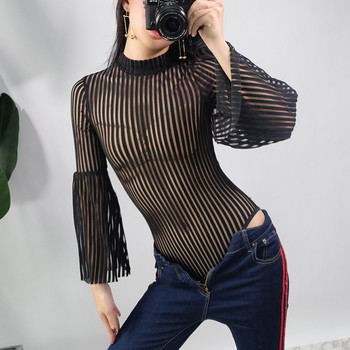 Елегантно прозрачно дамско боди с разкроени ръкави в черен цвят