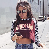 Κομψή casual casual μπλούζα με επιγραφή και μανίκια σκακιού