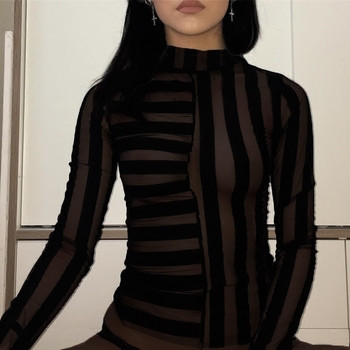 Прозрачна дамска блуза с черни ленти и поло яка