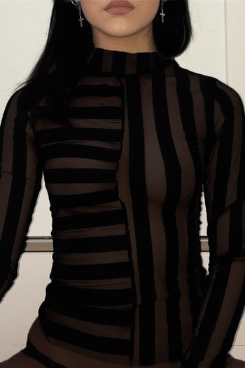 Прозрачна дамска блуза с черни ленти и поло яка