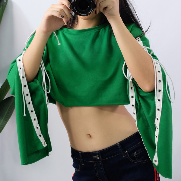 Ежедневна къса блуза за дамите в зелен цвят с широки ръкави