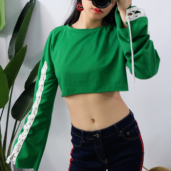 Ежедневна къса блуза за дамите в зелен цвят с широки ръкави