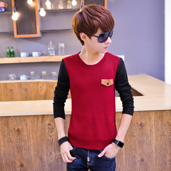 Καθημερινό πουλόβερ για άνδρες με κολάρο σε σχήμα O και πολύχρωμα μανίκια σε τρία χρώματα