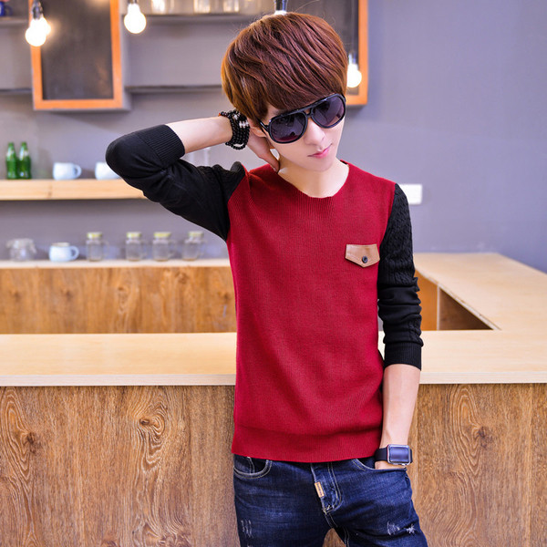 Καθημερινό πουλόβερ για άνδρες με κολάρο σε σχήμα O και πολύχρωμα μανίκια σε τρία χρώματα