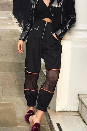 Дамски стилен панталон в широк модел с мрежа и висока талия