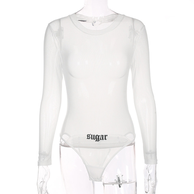 Прозрачно дамско боди в бял цвят с изображения