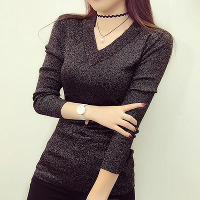 Μοντέρνα γυαλιστερή μπλούζα για κυρίες με ντεκολτέ σε σχήμα V σε τέσσερα χρώματα