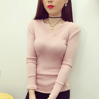 Μοντέρνα γυαλιστερή μπλούζα για κυρίες με ντεκολτέ σε σχήμα V σε τέσσερα χρώματα