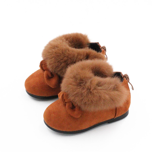 Σύγχρονες καθημερινές μπότες παιδιών για κορίτσια με χνούδι και κορδέλα σε τρία χρώματα