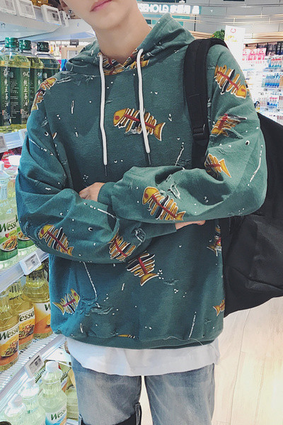 Спортен плътен мъжки суичър с качулка и изоражения