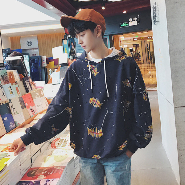 Спортен плътен мъжки суичър с качулка и изоражения