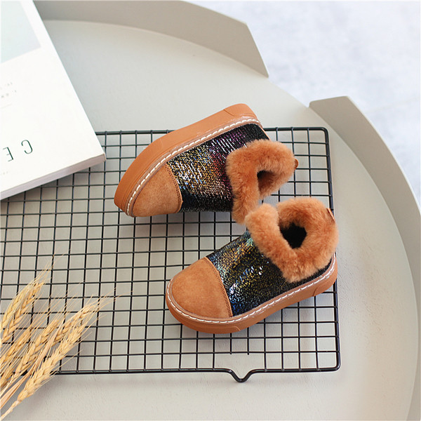 Модерни детски ежедневни обувки за момичета с пайети и пух в три цвята